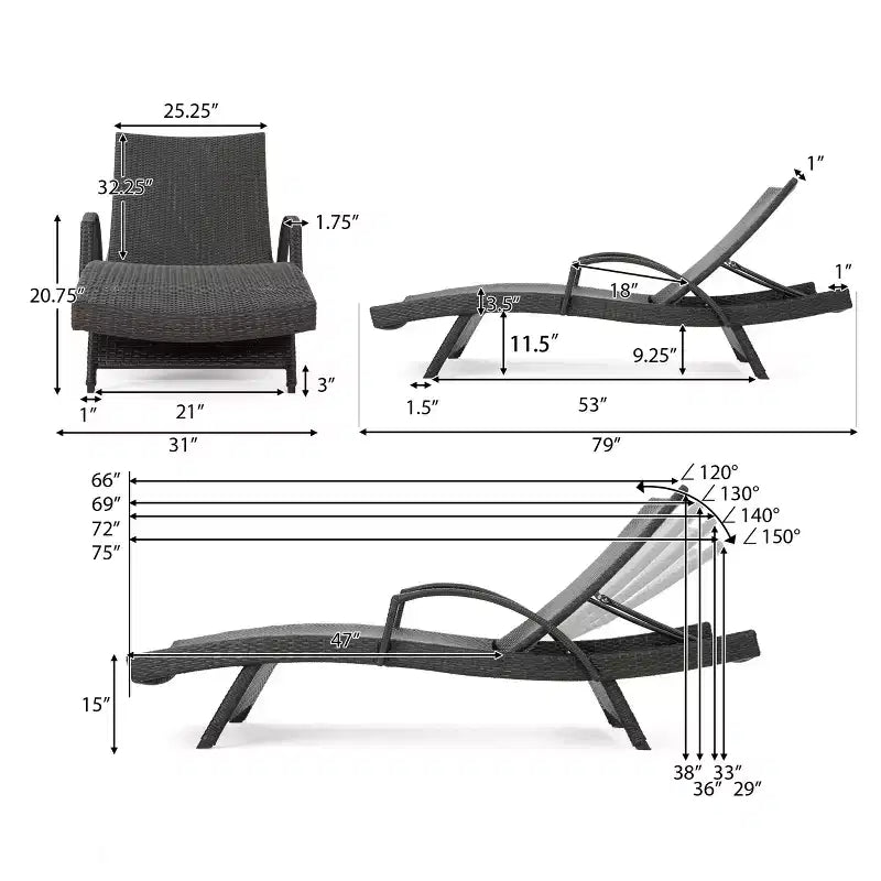 GDFStudio Soleil Ensemble conversationnel de 3 pièces pour chaise longue inclinable en osier d'extérieur avec bras réglables