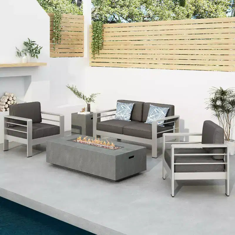 GDFStudio Crested Bay Salon de conversation extérieur en aluminium 4 places avec brasero gris clair