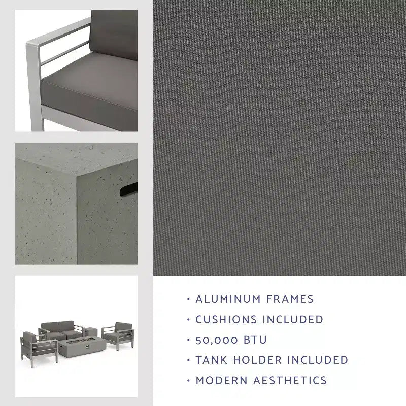 GDFStudio Crested Bay Salon de conversation extérieur en aluminium 4 places avec brasero gris clair