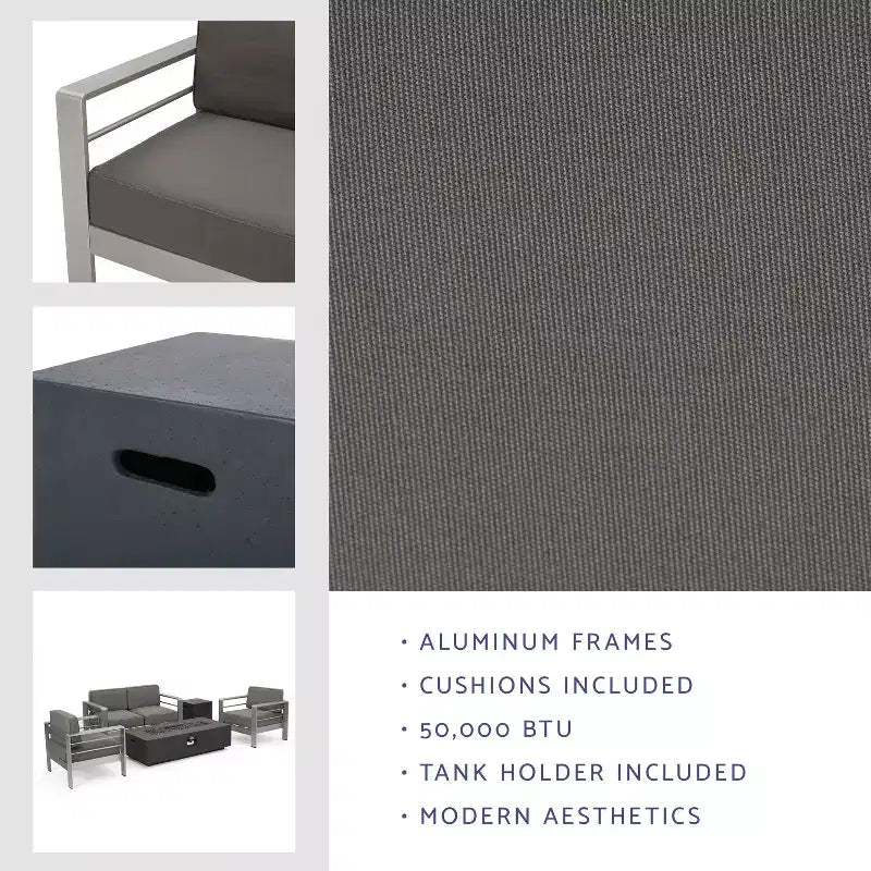 Ensemble de conversation extérieur 4 places GDFStudio Crested Bay en aluminium avec foyer gris foncé