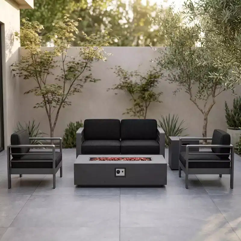 Ensemble de conversation extérieur 4 places GDFStudio Crested Bay en aluminium avec foyer gris foncé