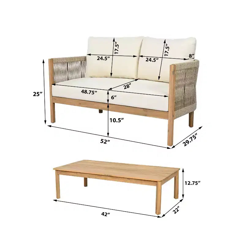 Christopher Knight Home Gilda Ensemble de conversation 2 places avec fauteuil et table basse en bois d'acacia et corde tressée