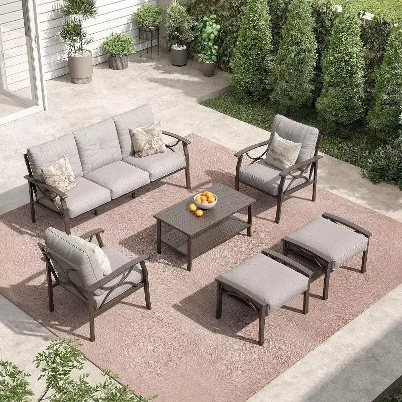 Ensemble de Meubles de Patio Extérieur Heynemo, Ensemble de Conversation de Patio 6 Pièces avec Table Basse et Poufs, Ensemble de Meubles en Métal pour Porche et Jardin, Café