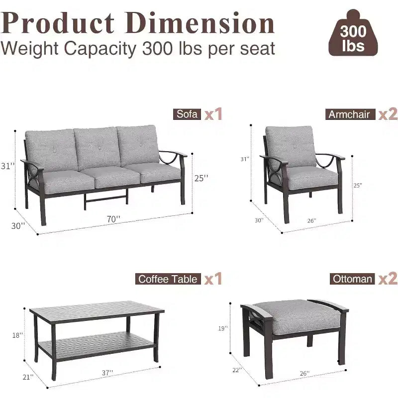 Ensemble de Meubles de Patio Extérieur Heynemo, Ensemble de Conversation de Patio 6 Pièces avec Table Basse et Poufs, Ensemble de Meubles en Métal pour Porche et Jardin, Café