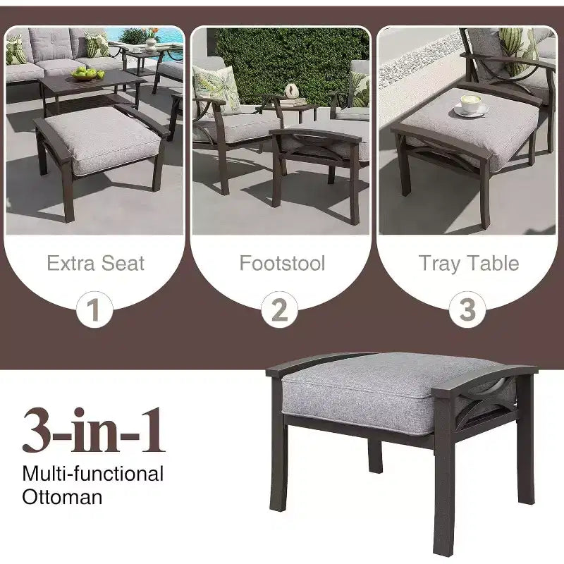 Ensemble de Meubles de Patio Extérieur Heynemo, Ensemble de Conversation de Patio 6 Pièces avec Table Basse et Poufs, Ensemble de Meubles en Métal pour Porche et Jardin, Café