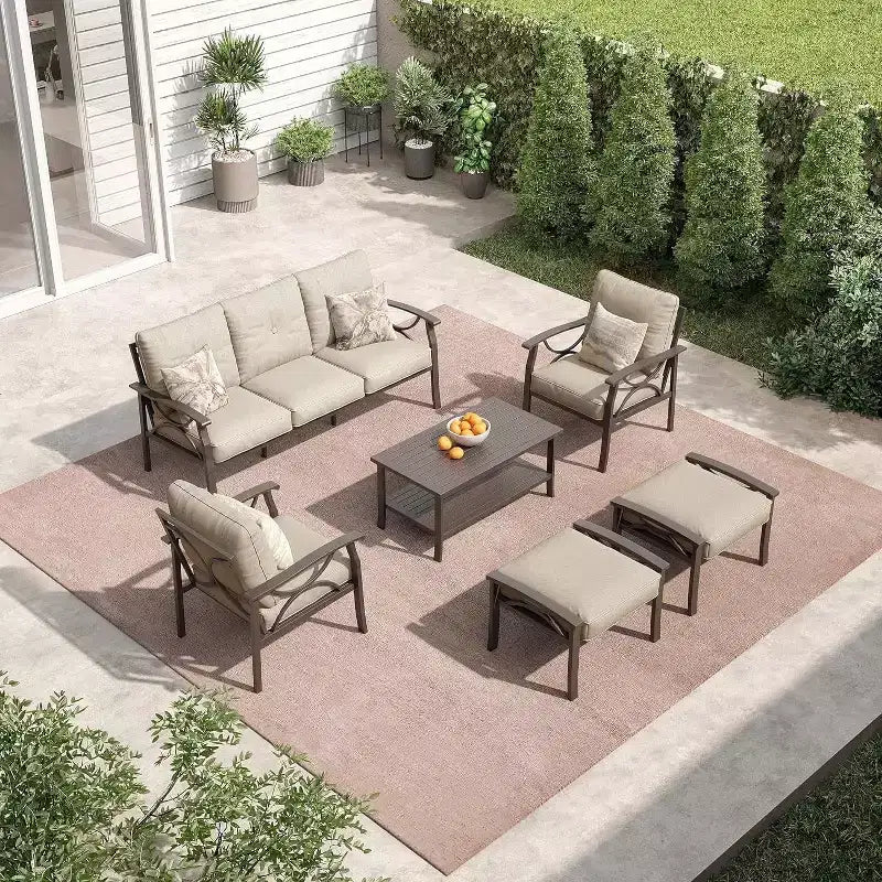 Ensemble de Meubles de Patio Extérieur Heynemo, Ensemble de Conversation de Patio 6 Pièces avec Table Basse et Poufs, Ensemble de Meubles en Métal pour Porche et Jardin, Café