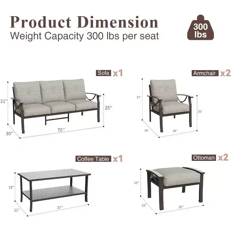 Ensemble de Meubles de Patio Extérieur Heynemo, Ensemble de Conversation de Patio 6 Pièces avec Table Basse et Poufs, Ensemble de Meubles en Métal pour Porche et Jardin, Café