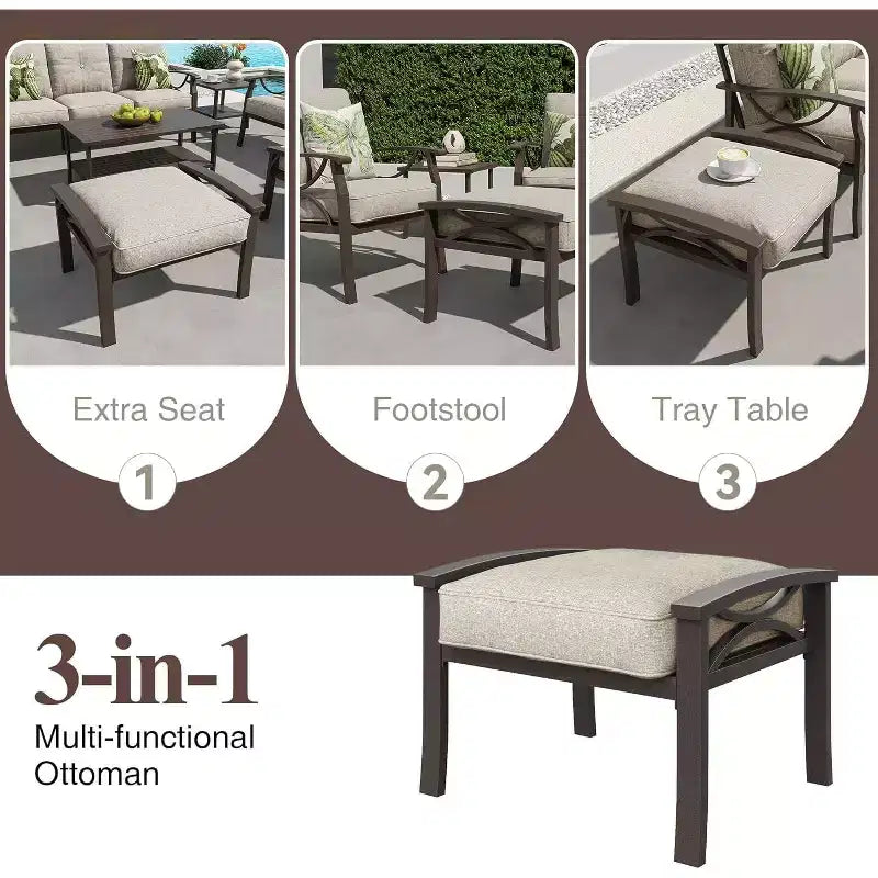 Ensemble de Meubles de Patio Extérieur Heynemo, Ensemble de Conversation de Patio 6 Pièces avec Table Basse et Poufs, Ensemble de Meubles en Métal pour Porche et Jardin, Café
