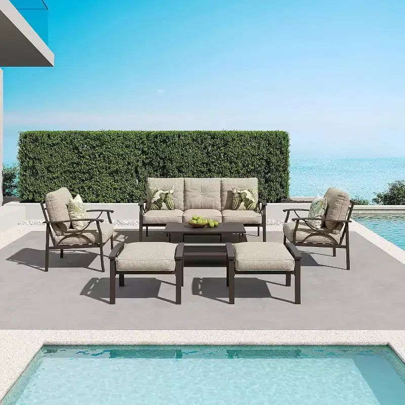 Ensemble de Meubles de Patio Extérieur Heynemo, Ensemble de Conversation de Patio 6 Pièces avec Table Basse et Poufs, Ensemble de Meubles en Métal pour Porche et Jardin, Café