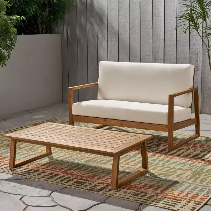 Christopher Knight Home Hazel Ensemble Causeuse et Table Basse d'Extérieur en Bois d'Acacia avec Coussins
