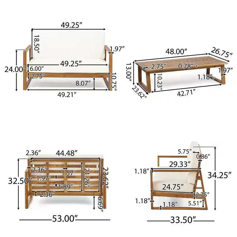 Christopher Knight Home Hazel Ensemble Causeuse et Table Basse d'Extérieur en Bois d'Acacia avec Coussins