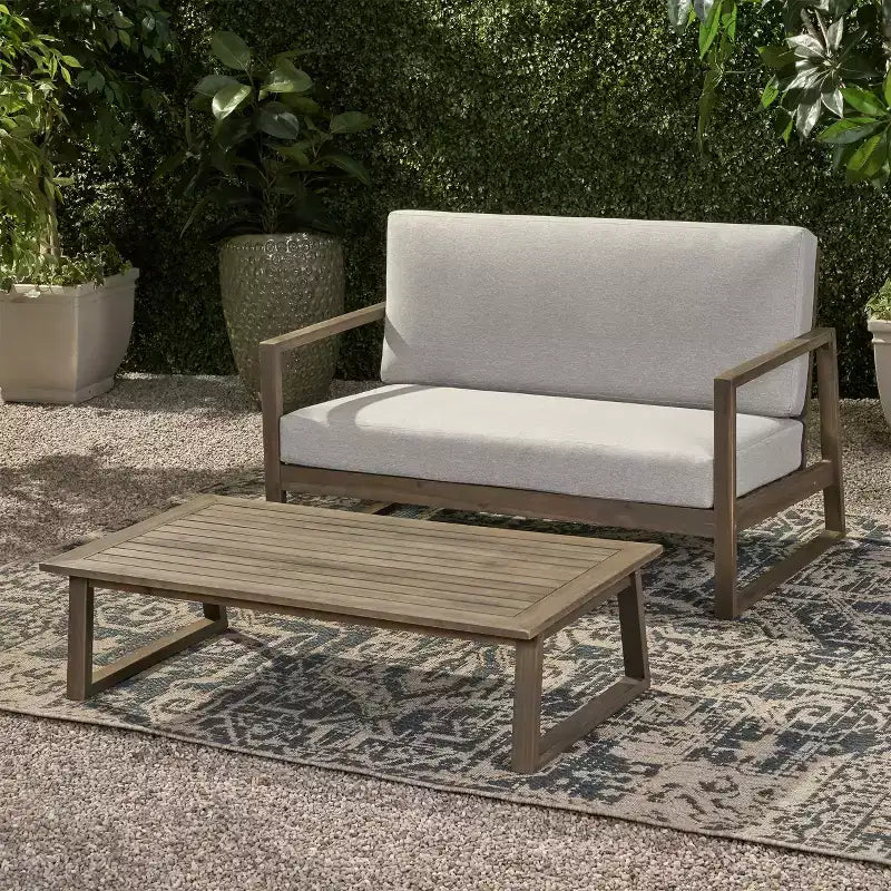 Christopher Knight Home Hazel Ensemble Causeuse et Table Basse d'Extérieur en Bois d'Acacia avec Coussins