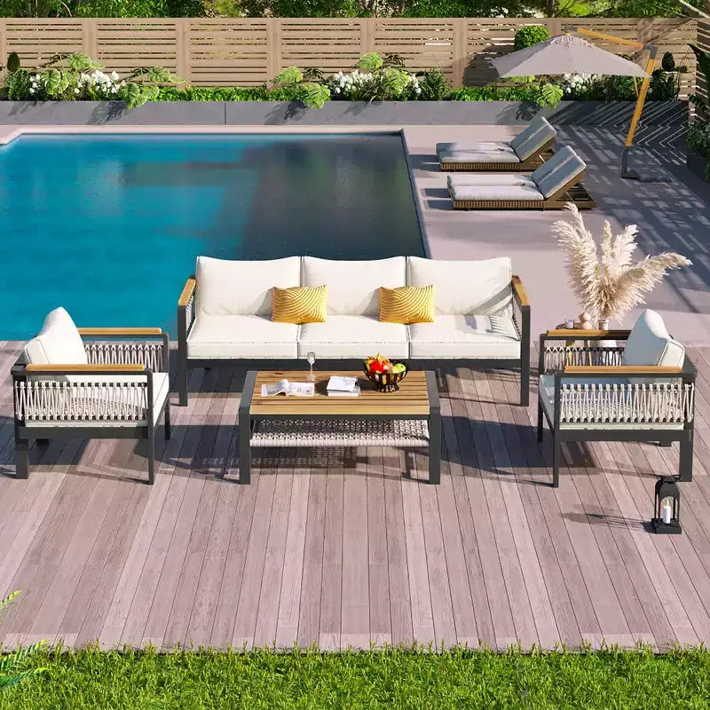 Ensemble de canapé d'angle extérieur 4 pièces, salon de jardin 5 places avec coussins et table basse - ModernLuxe