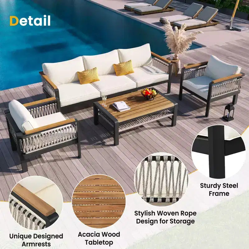 Ensemble de canapé d'angle extérieur 4 pièces, salon de jardin 5 places avec coussins et table basse - ModernLuxe