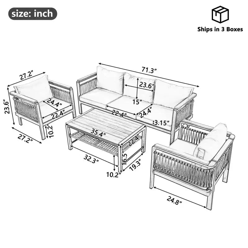 Ensemble de canapé d'angle extérieur 4 pièces, salon de jardin 5 places avec coussins et table basse - ModernLuxe