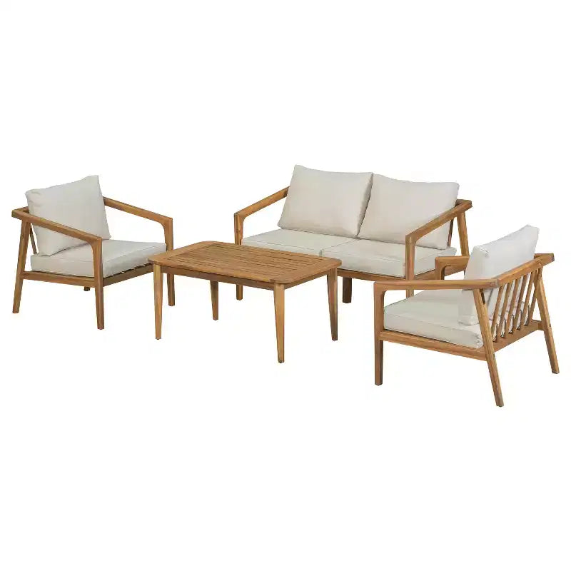 Christopher Knight Home Osborn Ensemble de 4 pièces en bois d'acacia avec coussins, motif à lattes, teck/beige