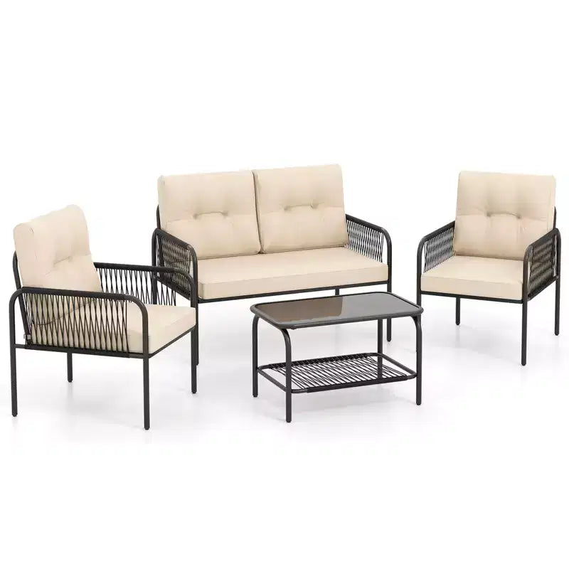 Costway Salon de Jardin 4 Pièces avec Canapé Deux Places, Table Basse en Verre Trempé et Coussins Moelleux