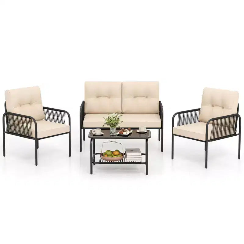 Costway Salon de Jardin 4 Pièces avec Canapé Deux Places, Table Basse en Verre Trempé et Coussins Moelleux