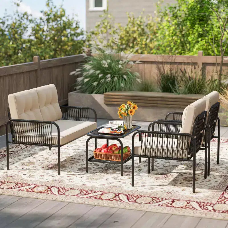 Costway Salon de Jardin 4 Pièces avec Canapé Deux Places, Table Basse en Verre Trempé et Coussins Moelleux