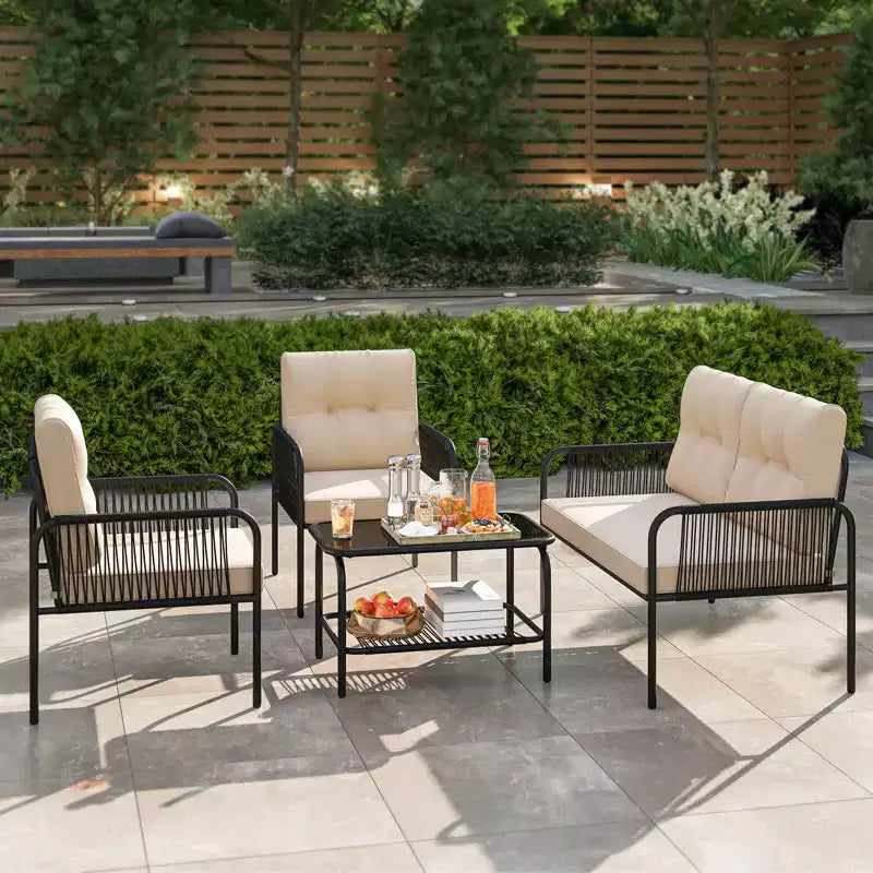 Costway Salon de Jardin 4 Pièces avec Canapé Deux Places, Table Basse en Verre Trempé et Coussins Moelleux