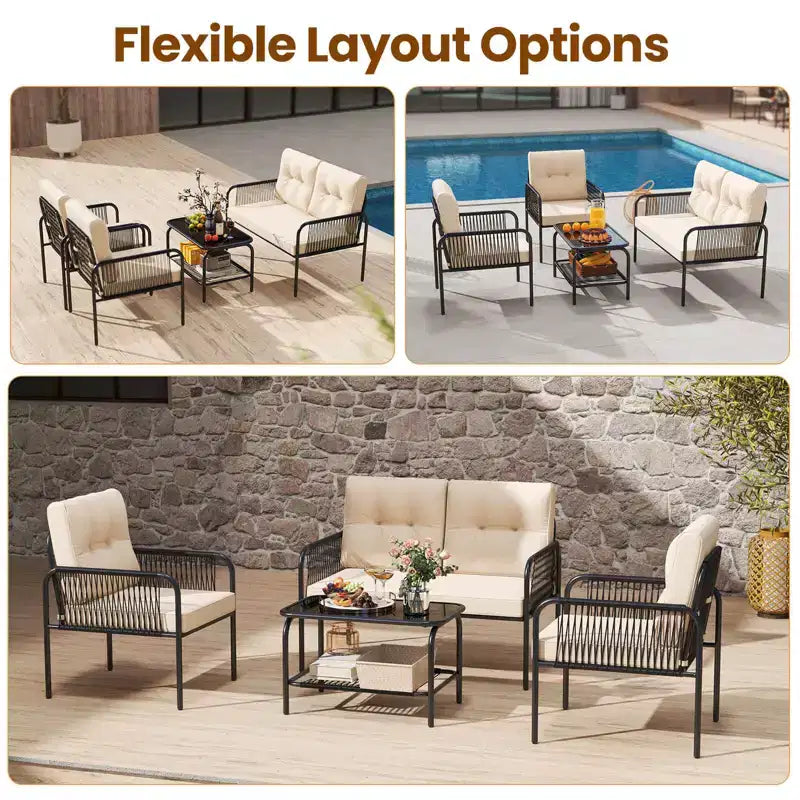 Costway Salon de Jardin 4 Pièces avec Canapé Deux Places, Table Basse en Verre Trempé et Coussins Moelleux