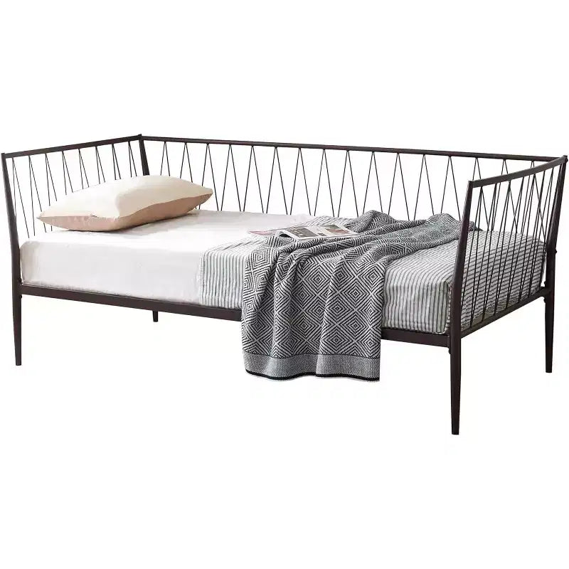 Cadre de lit de repos double en métal moderne avec support de matelas, Bronze