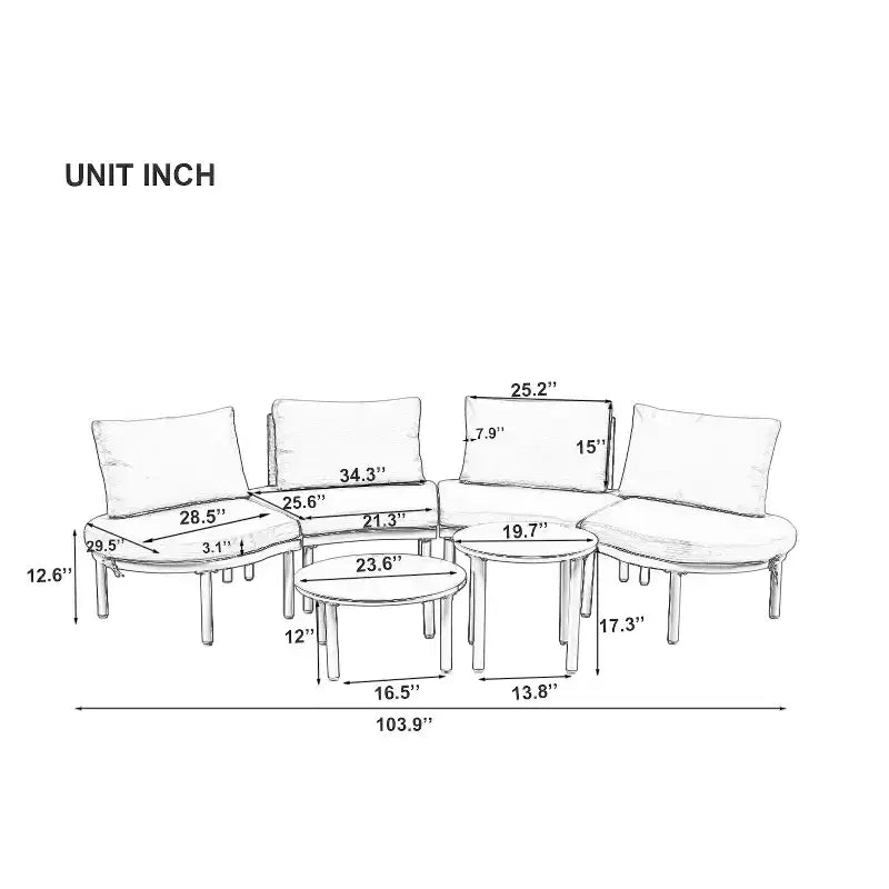 Ensemble de canapé de patio demi-lune 6 pièces Whisen avec 2 tables basses et 4 oreillers, sectionnel en rotin PE