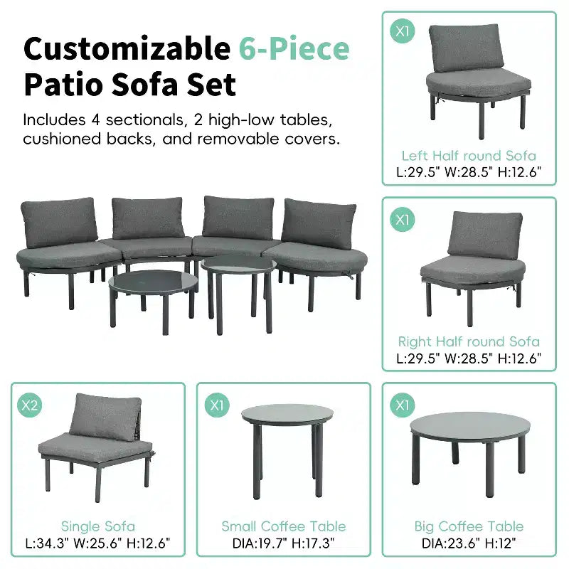 Ensemble de canapé de patio demi-lune 6 pièces Whisen avec 2 tables basses et 4 oreillers, sectionnel en rotin PE