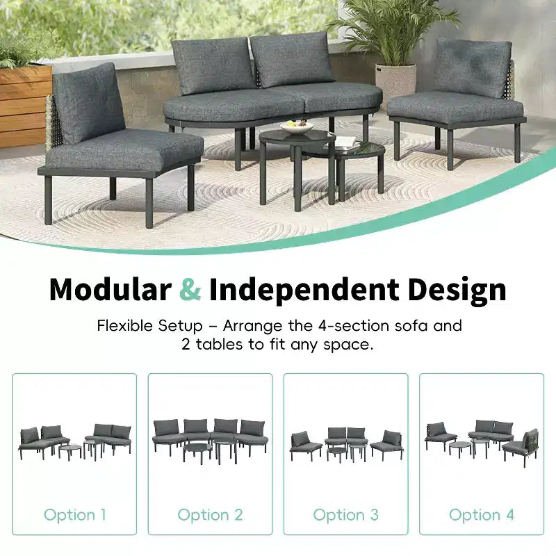 Ensemble de canapé de patio demi-lune 6 pièces Whisen avec 2 tables basses et 4 oreillers, sectionnel en rotin PE