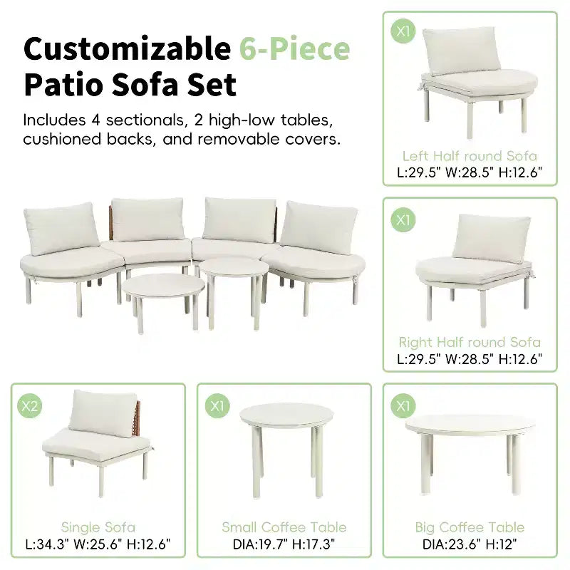 Ensemble de canapé de patio demi-lune 6 pièces Whisen avec 2 tables basses et 4 oreillers, sectionnel en rotin PE