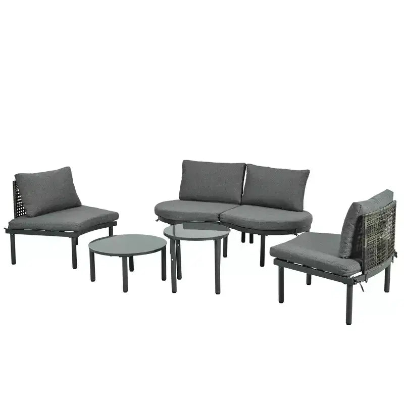 Ensemble de canapé de patio demi-lune 6 pièces Whisen avec 2 tables basses et 4 oreillers, sectionnel en rotin PE
