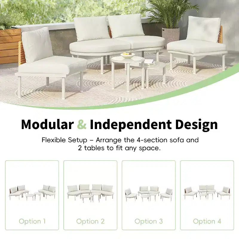 Ensemble de canapé de patio demi-lune 6 pièces Whisen avec 2 tables basses et 4 oreillers, sectionnel en rotin PE