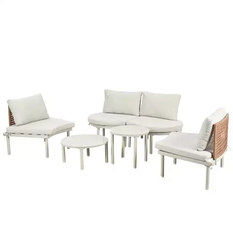 Ensemble de canapé de patio demi-lune 6 pièces Whisen avec 2 tables basses et 4 oreillers, sectionnel en rotin PE