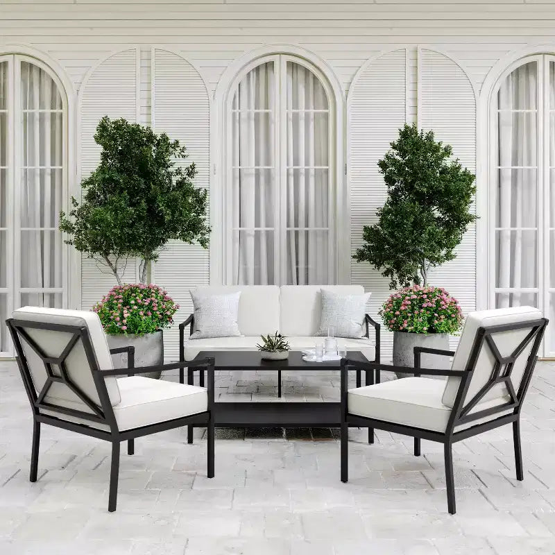 Ensemble de conversation 4 pièces de patio en acier Martha Stewart avec causeuse, 2 chaises, table basse en noir