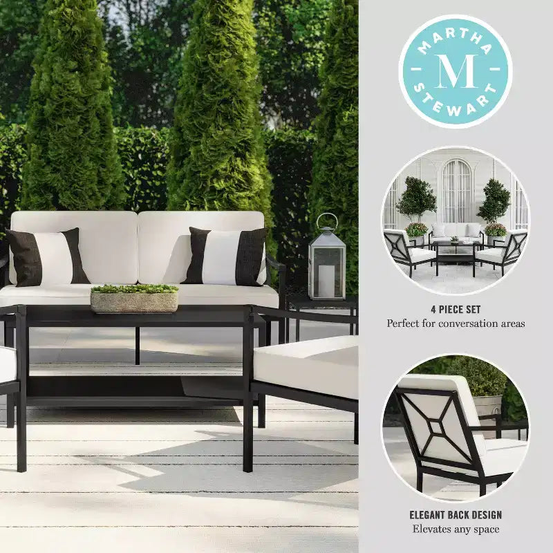 Ensemble de conversation 4 pièces de patio en acier Martha Stewart avec causeuse, 2 chaises, table basse en noir