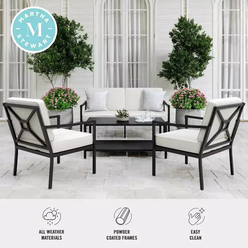 Ensemble de conversation 4 pièces de patio en acier Martha Stewart avec causeuse, 2 chaises, table basse en noir
