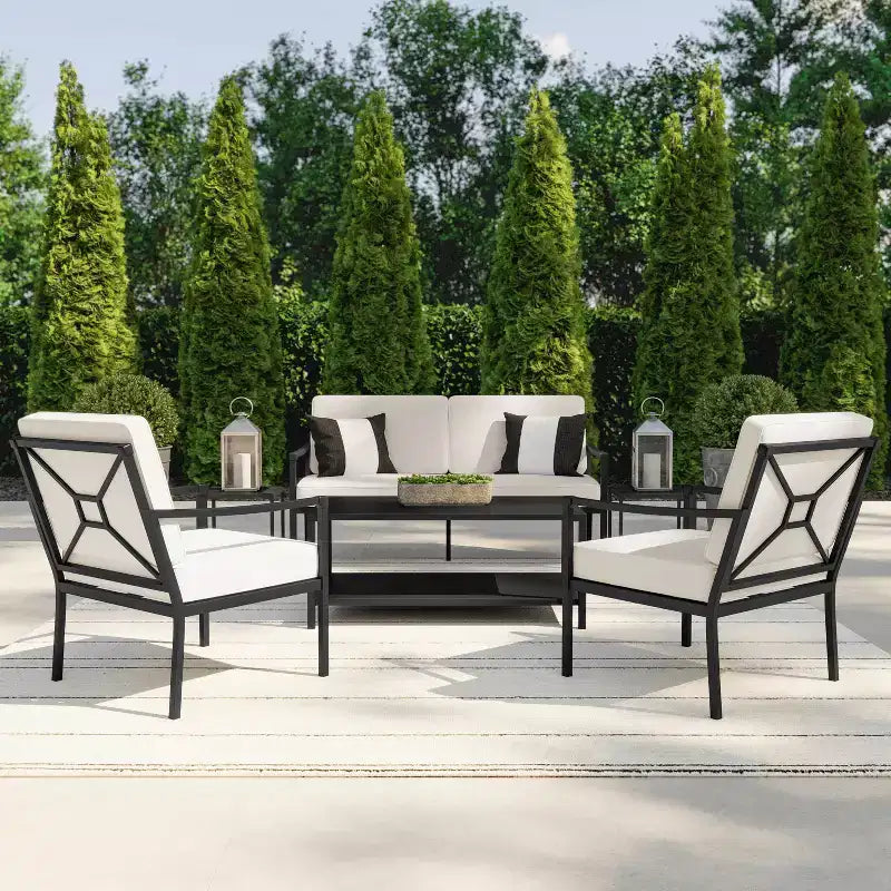 Ensemble de conversation 4 pièces de patio en acier Martha Stewart avec causeuse, 2 chaises, table basse en noir