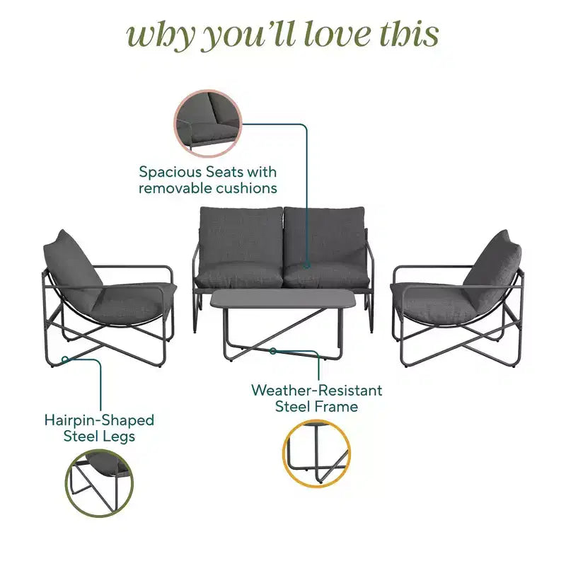 Ensemble de conversation 4 pièces Novogratz Wrenn avec coussins et assise en toile tendue