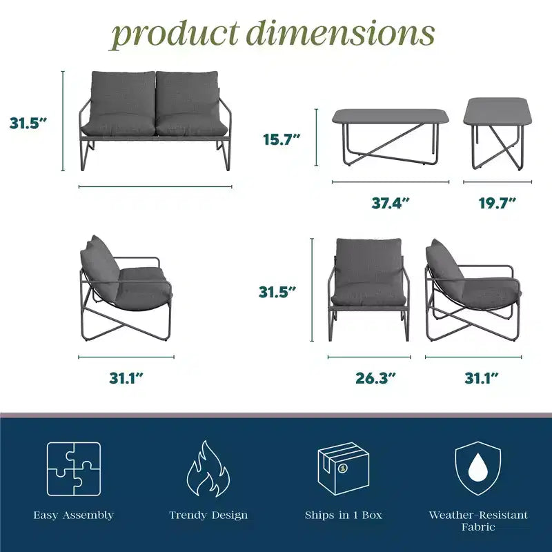 Ensemble de conversation 4 pièces Novogratz Wrenn avec coussins et assise en toile tendue