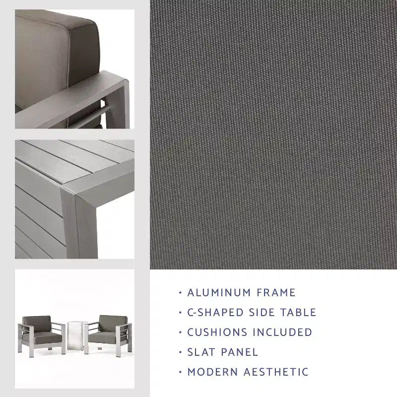 Christopher Knight Home Crested Bay, ensemble de discussion d'extérieur en aluminium 3 pièces avec table en C
