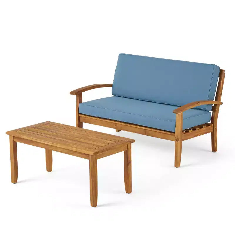 GDFStudio Keanu Canapé deux places et table basse d'extérieur en bois d'acacia avec coussins
