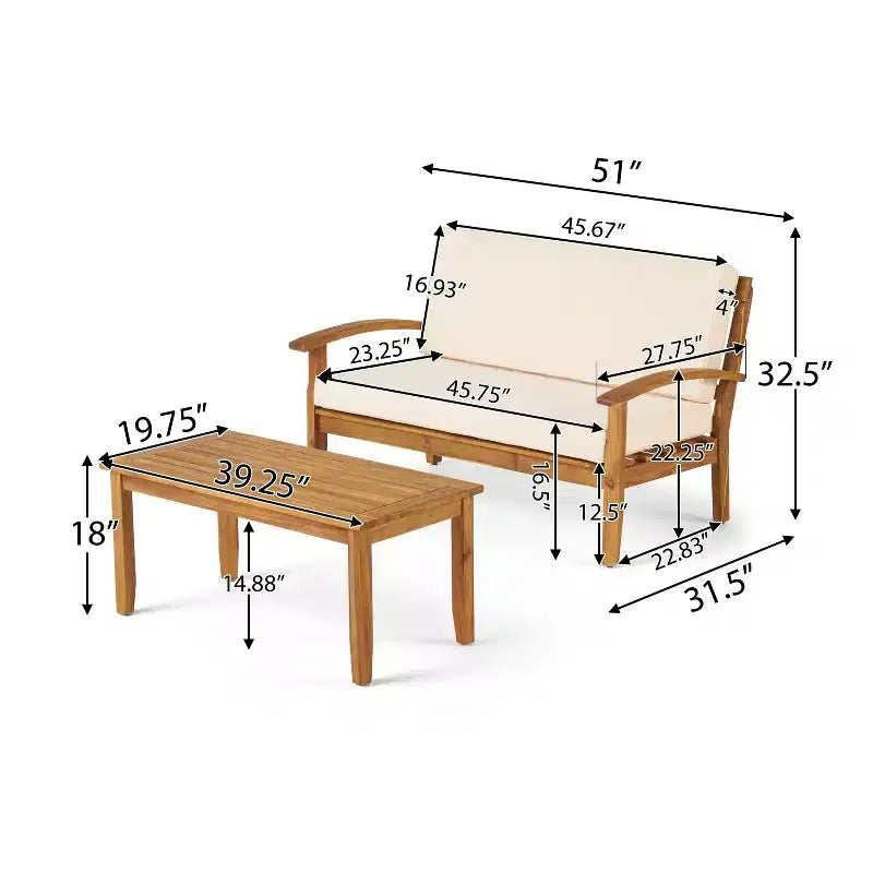 GDFStudio Keanu Canapé deux places et table basse d'extérieur en bois d'acacia avec coussins