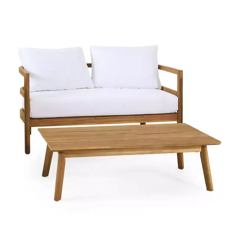 Ensemble causeuse et table basse d'extérieur GDFStudio Aggie en bois d'acacia avec coussins, teck/blanc
