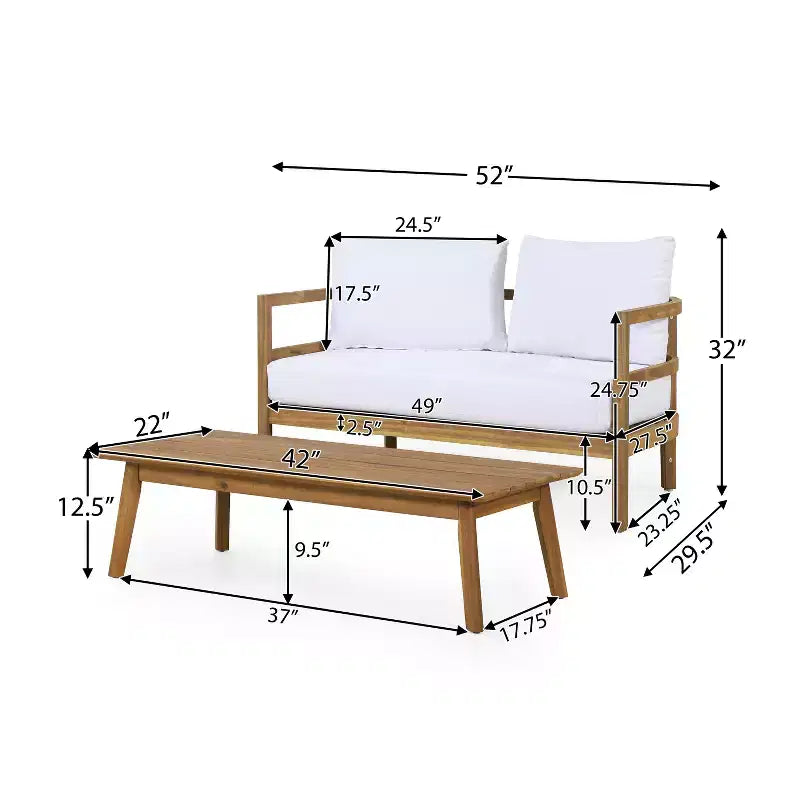 Ensemble causeuse et table basse d'extérieur GDFStudio Aggie en bois d'acacia avec coussins, teck/blanc