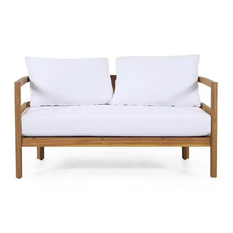 Ensemble causeuse et table basse d'extérieur GDFStudio Aggie en bois d'acacia avec coussins, teck/blanc