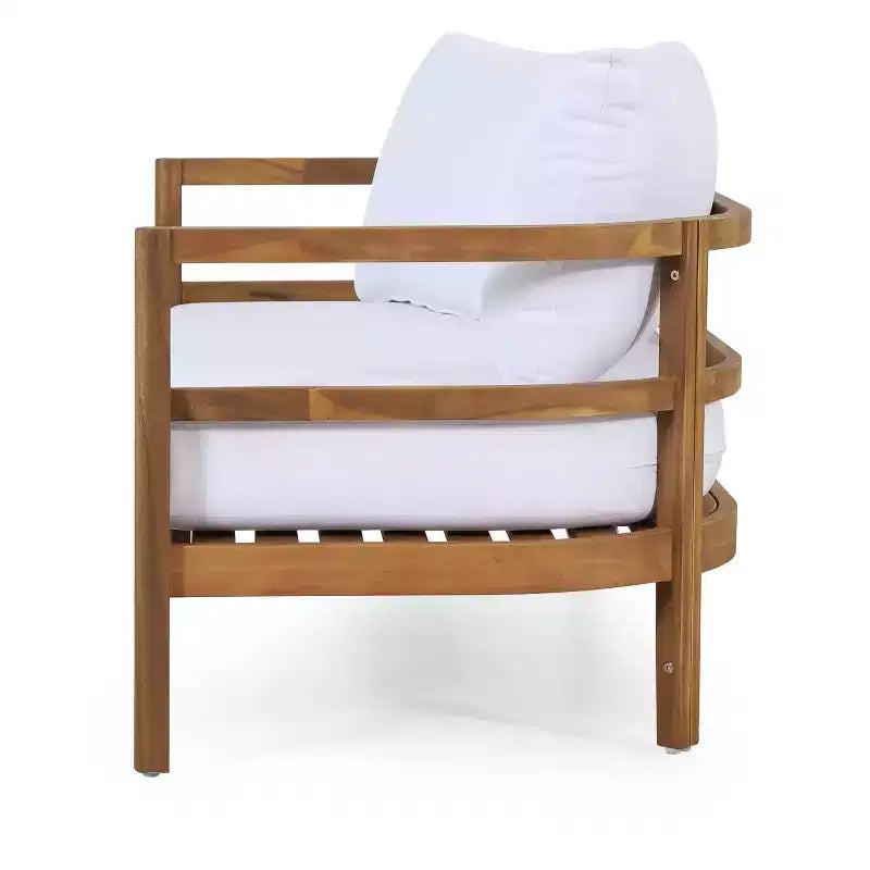 Ensemble causeuse et table basse d'extérieur GDFStudio Aggie en bois d'acacia avec coussins, teck/blanc
