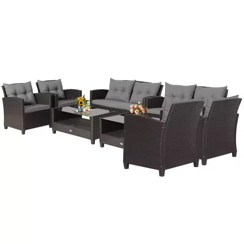 Costway Ensemble de Meubles de Jardin en Rotin 8 Pièces Table en Verre Étagère Canapé Coussins Gris