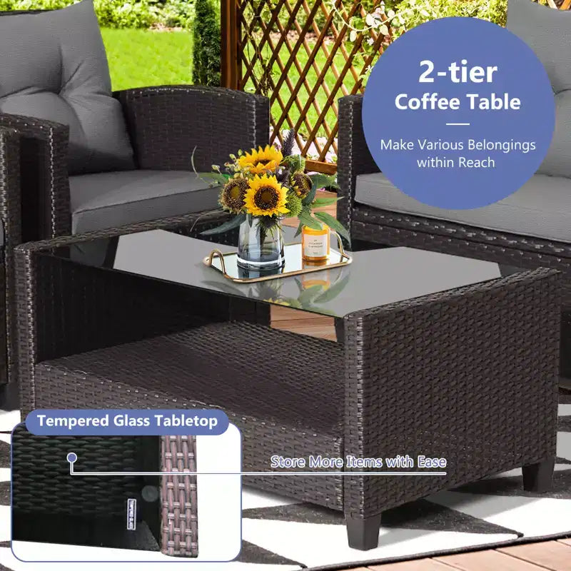 Costway Ensemble de Meubles de Jardin en Rotin 8 Pièces Table en Verre Étagère Canapé Coussins Gris