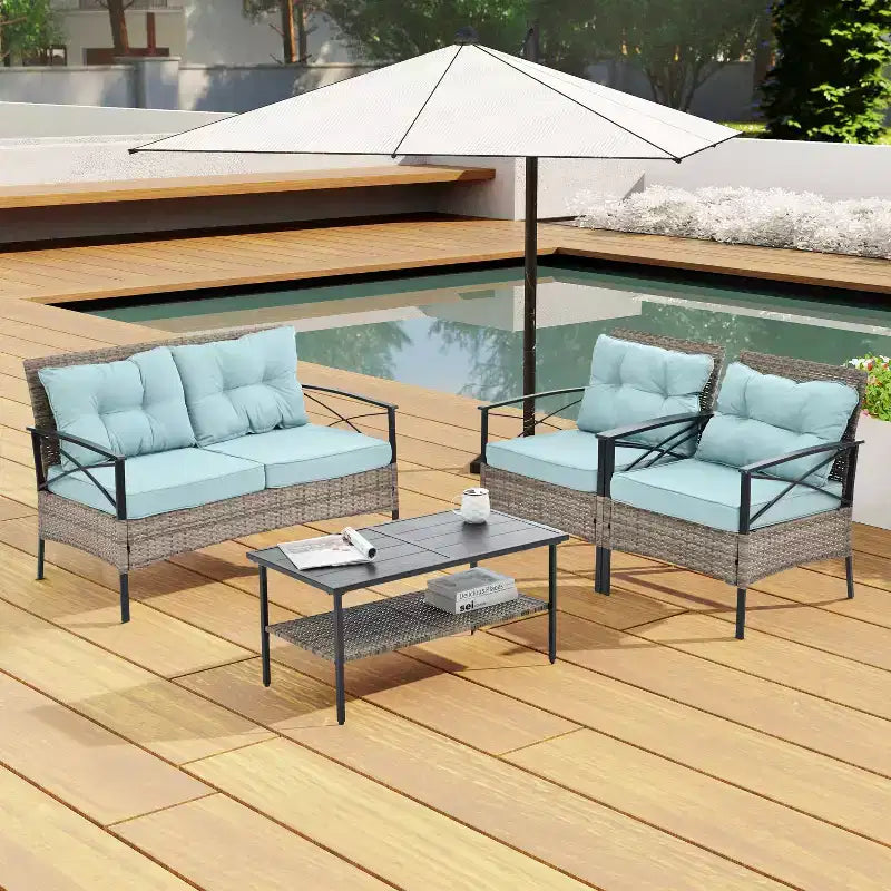 Patio Furniture, Outdoor Furniture, Seasonal PE Wicker Furniture, Four Set Wicker Furniture With Black Metal Table