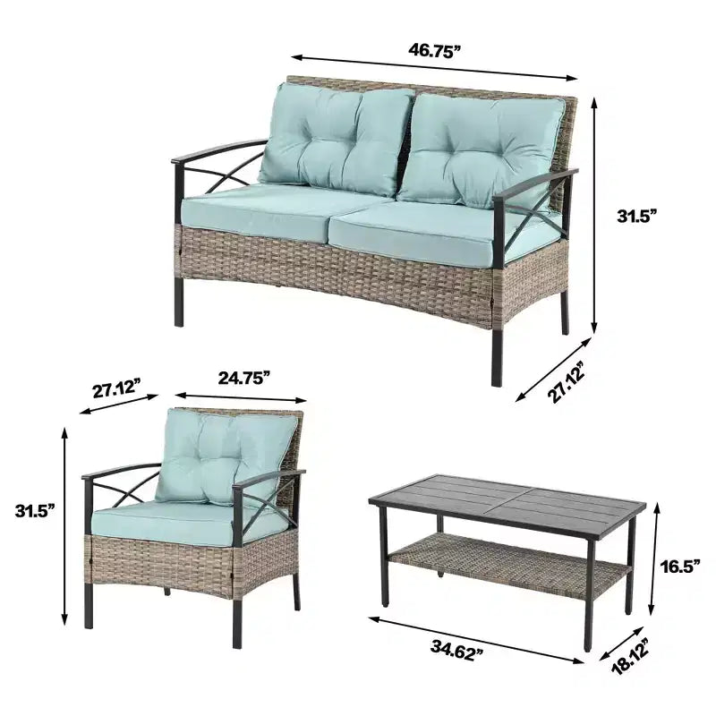 Meubles de patio, Meubles d'extérieur, Meubles de jardin en rotin synthétique, Ensemble quatre pièces en rotin synthétique avec table en métal noir